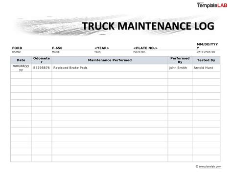 Semi Truck Maintenance Log&nbsp;Template